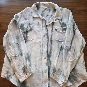 POL Anthropologie Boho Tie-Dye Gauze Distressed Button Down 100% Cotton Shirt M